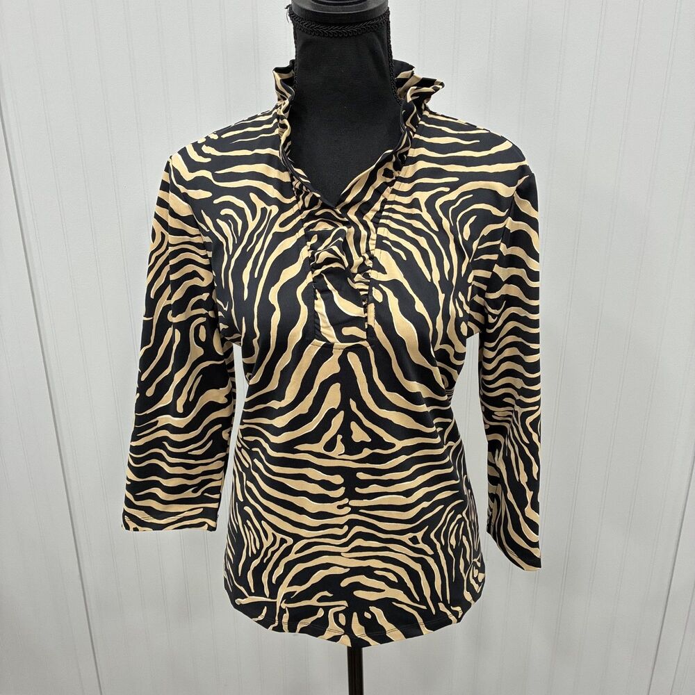J. Mclaughlin Women's XL Brown Tiger Print Ruffle V-Neck Blouse Quiet Luxury